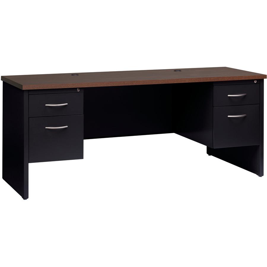 Lorell Walnut Laminate Commercial Steel Double-pedestal Credenza - 2-Drawer - 72" x 24" , 1.1" Top - 2 x Box, File Drawer(s) - Double Pedestal - Material: Steel - Finish: Walnut Laminate, Black. Picture 10