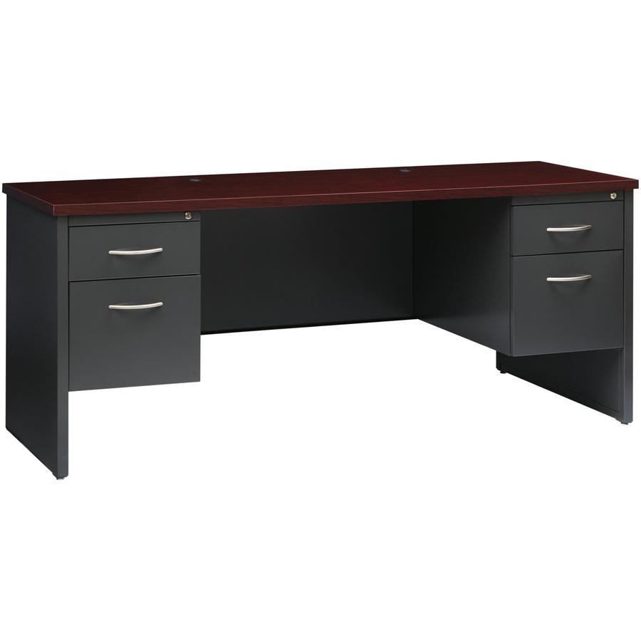 Lorell Fortress Modular Series Double-pedestal Credenza - 72" x 24" , 1.1" Top - 2 x Box, File Drawer(s) - Double Pedestal - Material: Steel - Finish: Mahogany Laminate, Charcoal - Scratch Resistant, . Picture 11