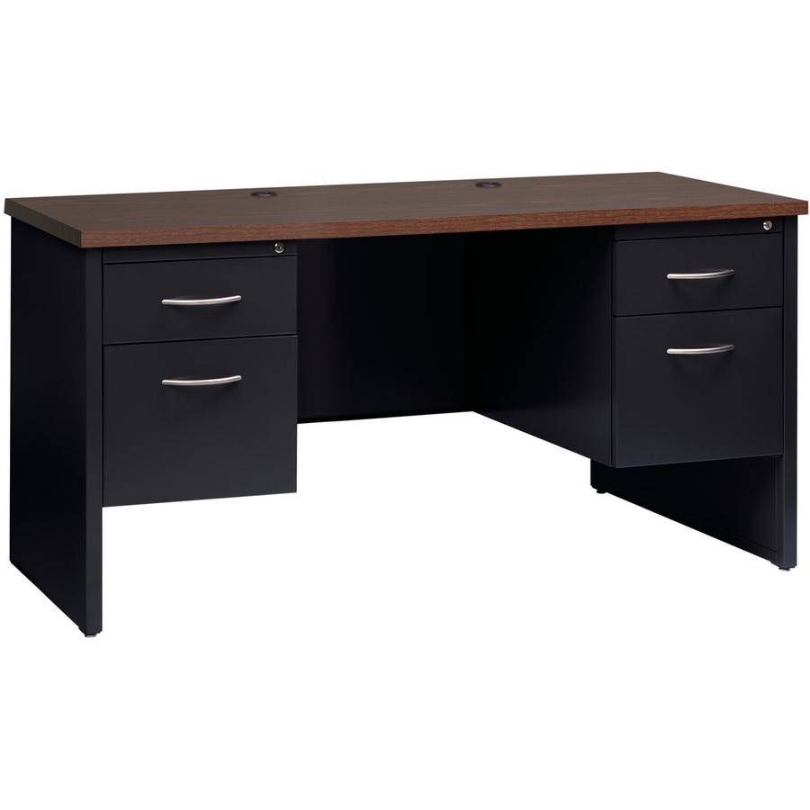 Lorell Fortress Modular Series Double-pedestal Credenza - 60" x 24" , 1.1" Top - 2 x Box, File Drawer(s) - Double Pedestal - Material: Steel - Finish: Walnut Laminate, Black - Scratch Resistant, Stain. Picture 12