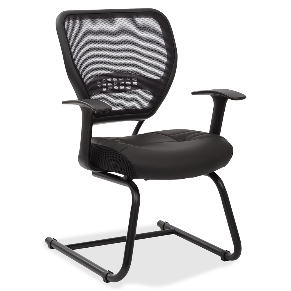 Space seating Professional Air Grid Back Visitors Chair with Eco Leather Seat - Leather Black Seat - Black Frame - Sled Base - 20.50" Seat Width x 19.50" Seat Depth - 24.5" Width x 25.5" Depth x 37.3". Picture 2