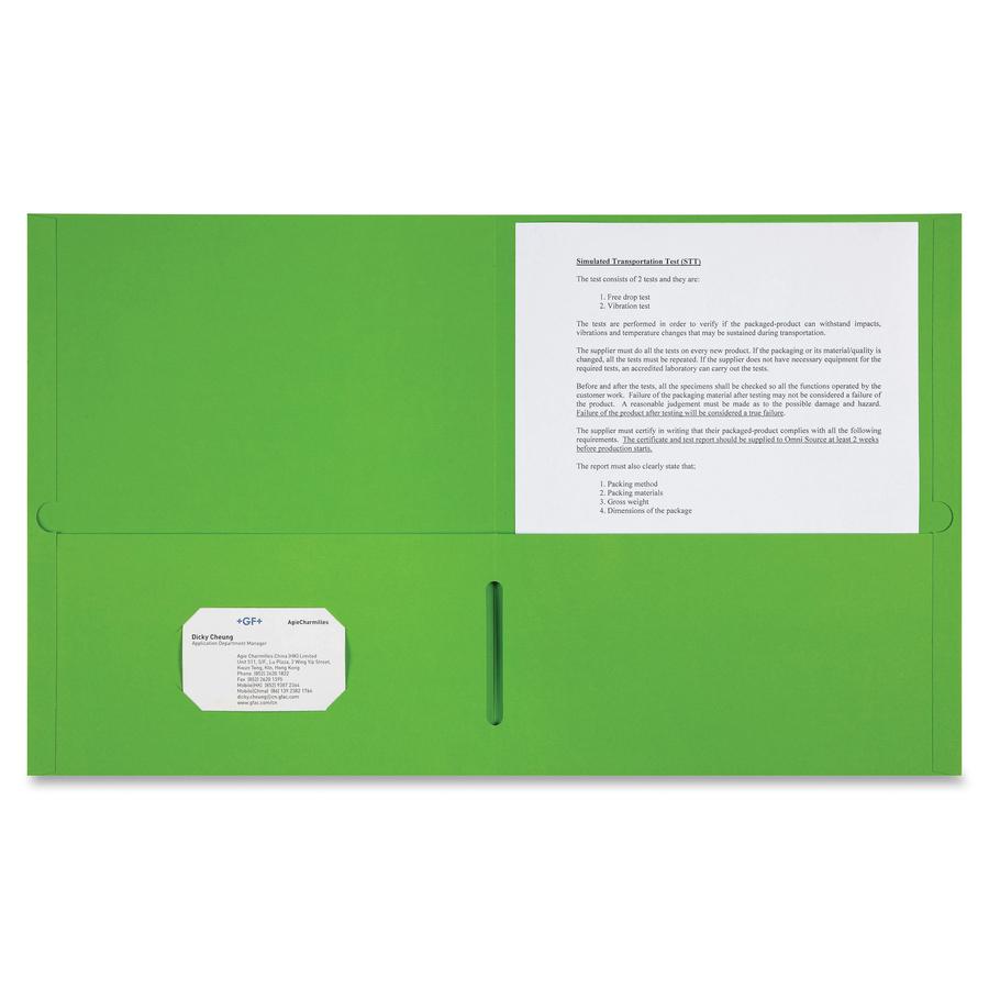 Sparco Letter Pocket Folder - 8 1/2" x 11" - 2 Internal Pocket(s) - Leatherette Paper - Apple Green - 25 / Box. Picture 2