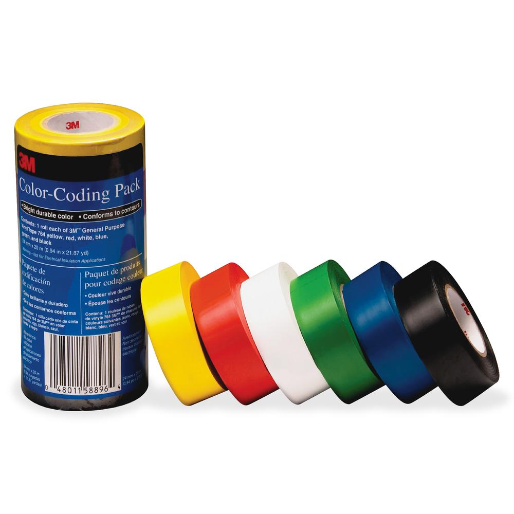 3M Vinyl Tape 764 Color-coding Pack - 21.87 yd Length x 0.94" Width - 5 mil Thickness - Rubber - 4 mil - Polyvinyl Chloride (PVC) Backing - 6 / Pack - Multicolor. Picture 2
