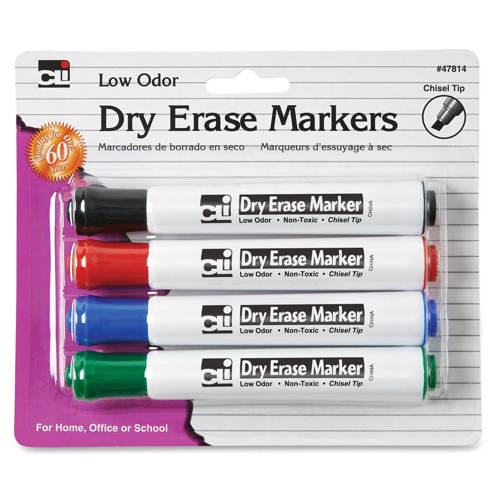 CLI Chisel Tip Dry Erase Markers - Chisel Marker Point Style - Black, Blue, Red, Green - 4 / Pack. Picture 2