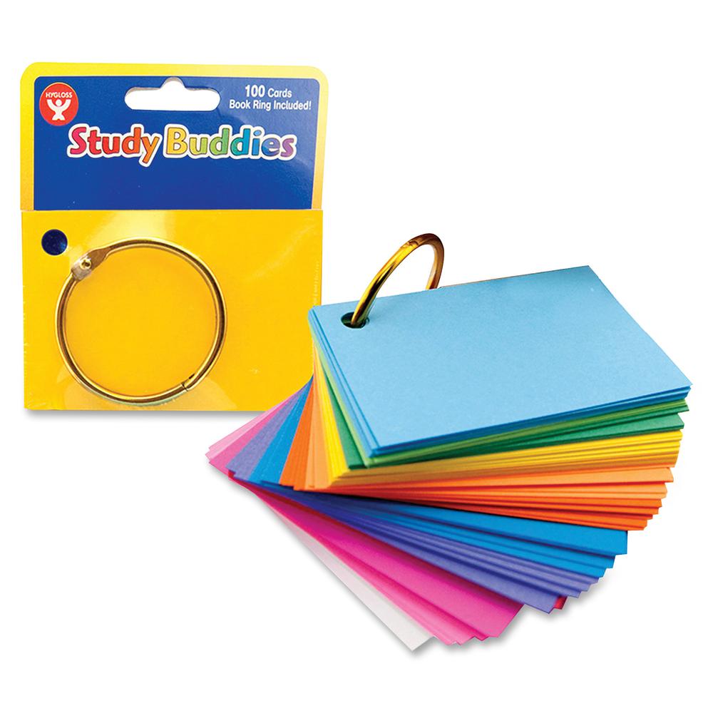 Hygloss Bright Study Buddies Flash Cards - 100 Sheets - Ring - 2" x 3" - Assorted Paper - Punched, Sturdy, Tear Resistant, Bend Resistant - 100 / Pack. Picture 2