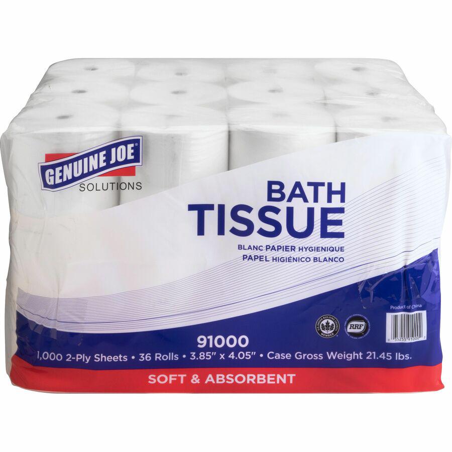 Genuine Joe Solutions Double Capacity Bath Tissue - 2 Ply - 1000 Sheets/Roll - 0.71" Core - White - Virgin Fiber - Embossed, Chlorine-free - For Bathroom - 36 / Carton. Picture 15