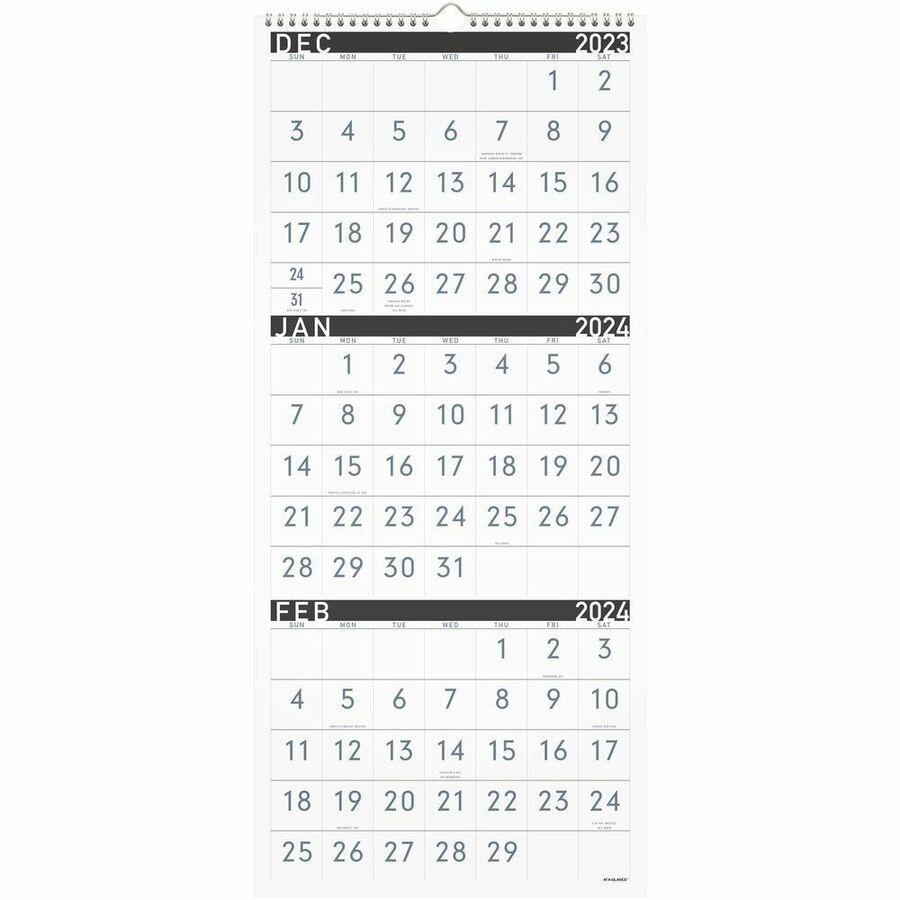 At-A-Glance Contemporary 3-Month Reference Wall Calendar - Large Size - Monthly - 15 Month - December 2023 - February 2025 - 3 Month Single Page Layout - 12" x 27" White Sheet - Wire Bound - Chipboard. Picture 2