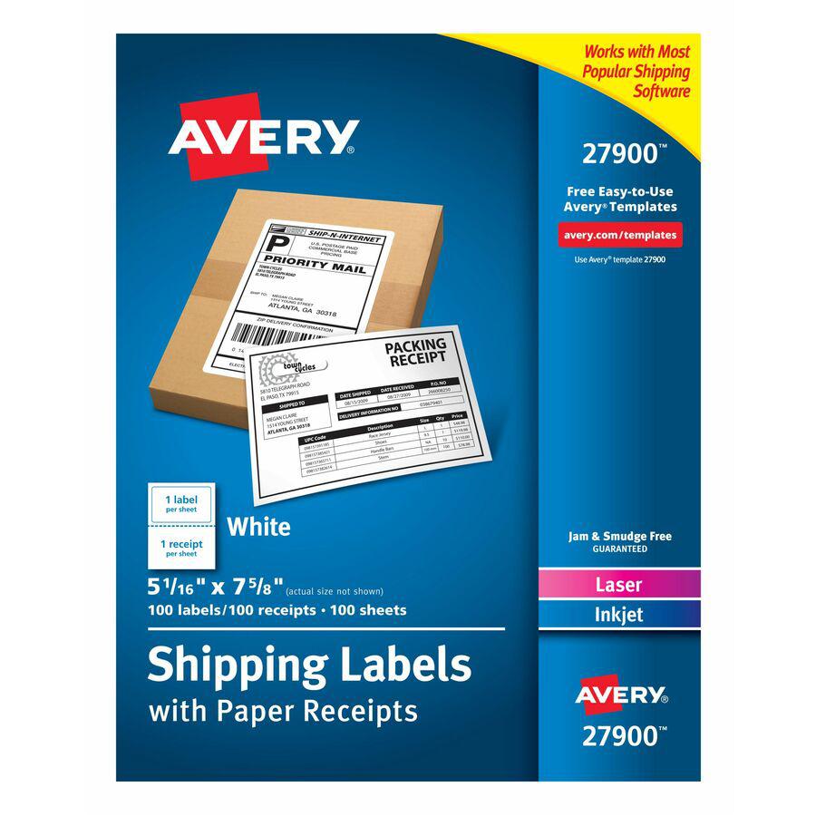 Avery&reg; Shipping Labels with Receipt, 5-1/16" x 7-5/8" 100 Count (27900) - 7 5/8" Length - Permanent Adhesive - Rectangle - Laser, Inkjet - White - Paper - 1 / Sheet - 100 Total Sheets - 100 Total . Picture 3