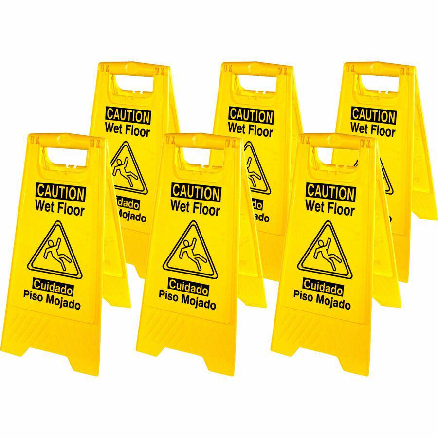 Genuine Joe Universal Graphic Wet Floor Sign - 6 / Carton - English, Spanish - Wet Floor Print/Message - Foldable - Yellow. Picture 2