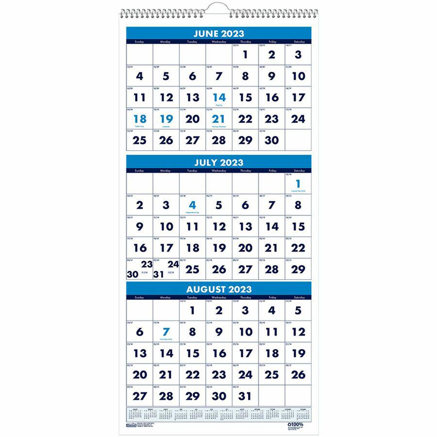House of Doolittle Three-month Vertical Academic Wall Calendar - Academic - Julian Dates - Monthly - 14 Month - June 2023 - July 2024 - 3 Month Single Page Layout - Wire Bound - Teal - Paper - 8" Heig. Picture 2