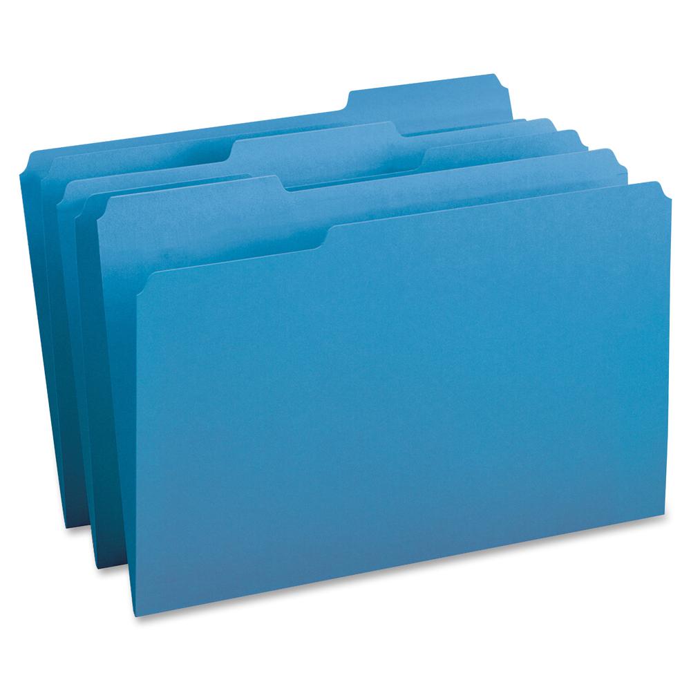 Business Source 1/3 Tab Cut Legal Recycled Top Tab File Folder - 8 1/2" x 14" - Top Tab Location - Assorted Position Tab Position - Blue - 10% Recycled - 100 / Box. Picture 2