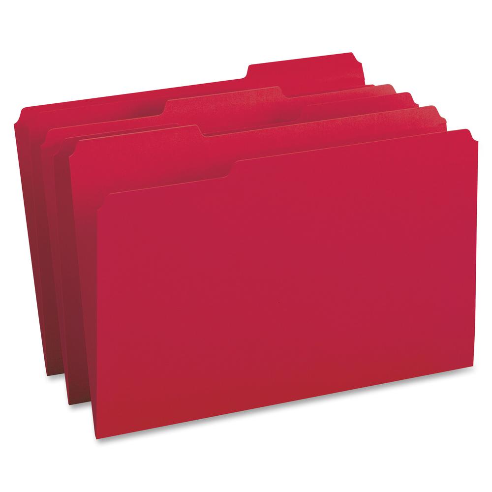 Business Source 1/3 Tab Cut Legal Recycled Top Tab File Folder - 8 1/2" x 14" - Top Tab Location - Assorted Position Tab Position - Stock - Red - 10% Recycled - 100 / Box. Picture 2