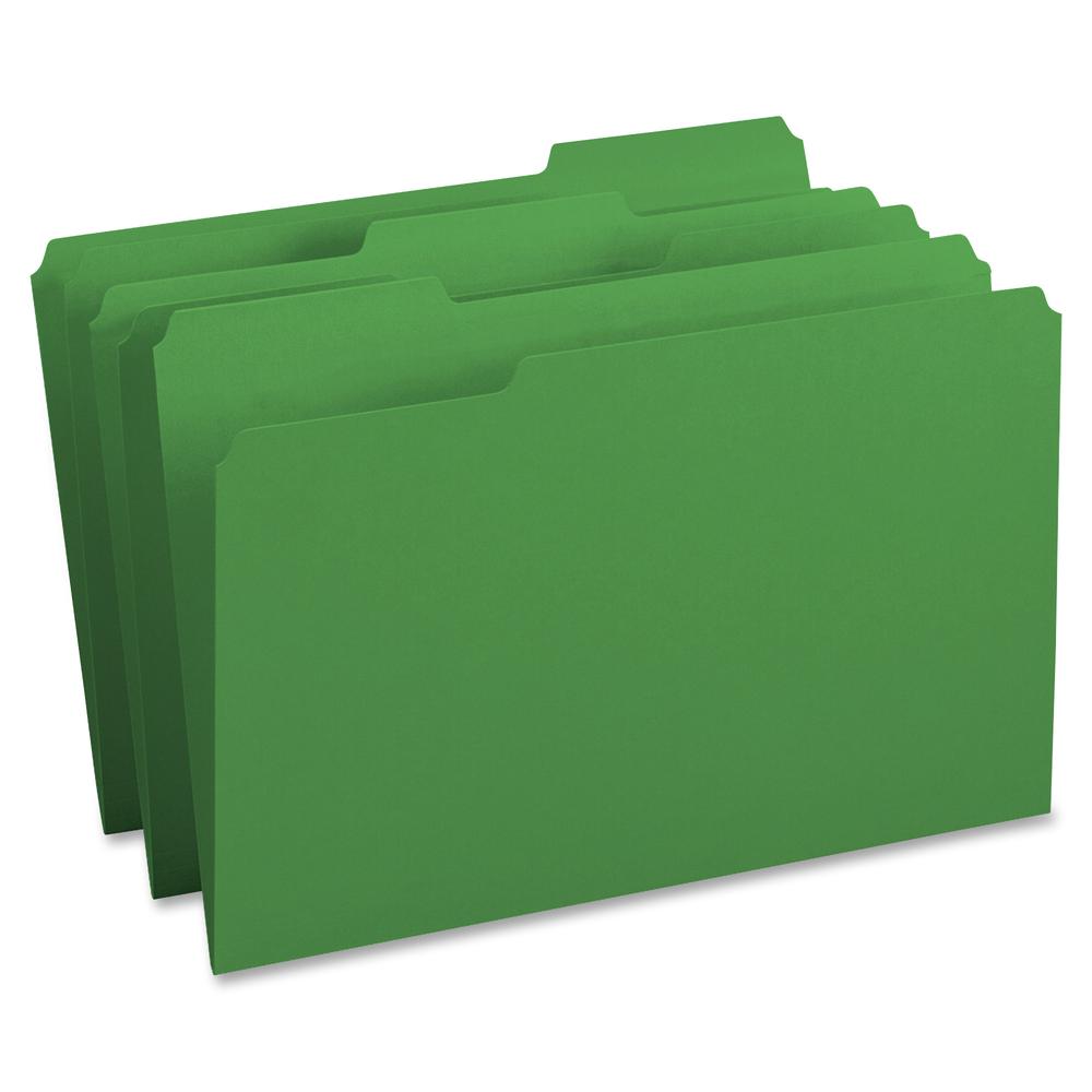 Business Source 1/3 Tab Cut Legal Recycled Top Tab File Folder - 8 1/2" x 14" - Top Tab Location - Assorted Position Tab Position - Green - 10% Recycled - 100 / Box. Picture 2