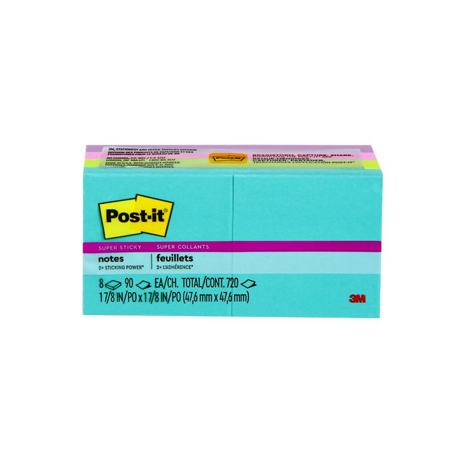 Post-it&reg; Super Sticky Notes - Supernova Neons Color Collection - 720 x Multicolor - 2" x 2" - Rectangle - 90 Sheets per Pad - Aqua Splash, Acid Lime, Tropical Pink, Iris Infusion - Paper - Self-ad. Picture 12