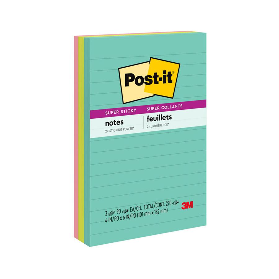 Post-it&reg; Super Sticky Notes - Supernova Neons Color Collection - 270 x Multicolor - 4" x 6" - Rectangle - 90 Sheets per Pad - Ruled - Aqua Splash, Acid Lime, Guava - Paper - Self-adhesive, Recycla. Picture 6