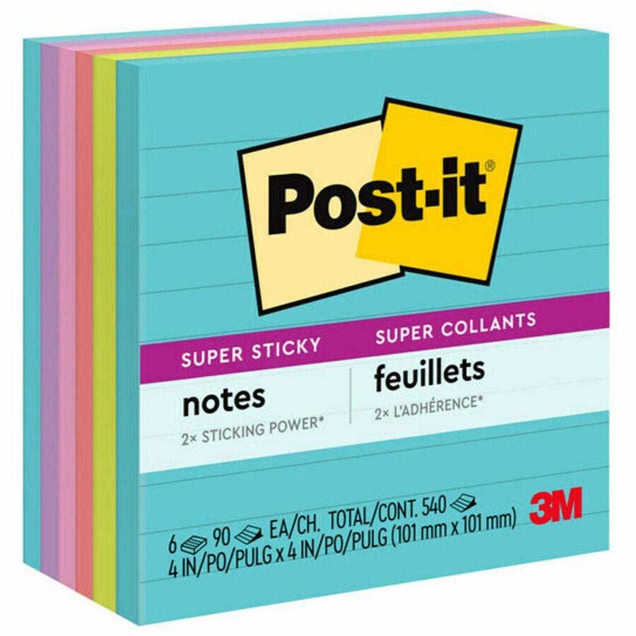 Post-it&reg; Super Sticky Lined Notes - Supernova Neons Color Collection - 540 x Multicolor - 4" x 4" - Rectangle - 90 Sheets per Pad - Ruled - Aqua Splash, Acid Lime, Guava, Tropical Pink, Iris Infus. Picture 6