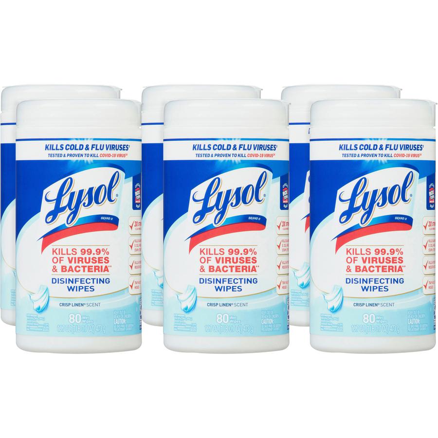 Lysol Disinfecting Wipes - Crisp Linen Scent - 7" Length x 7.25" Width - 80 / Canister - 6 / Carton - Disinfectant, Pre-moistened, Deodorize, Antibacterial - White. Picture 12