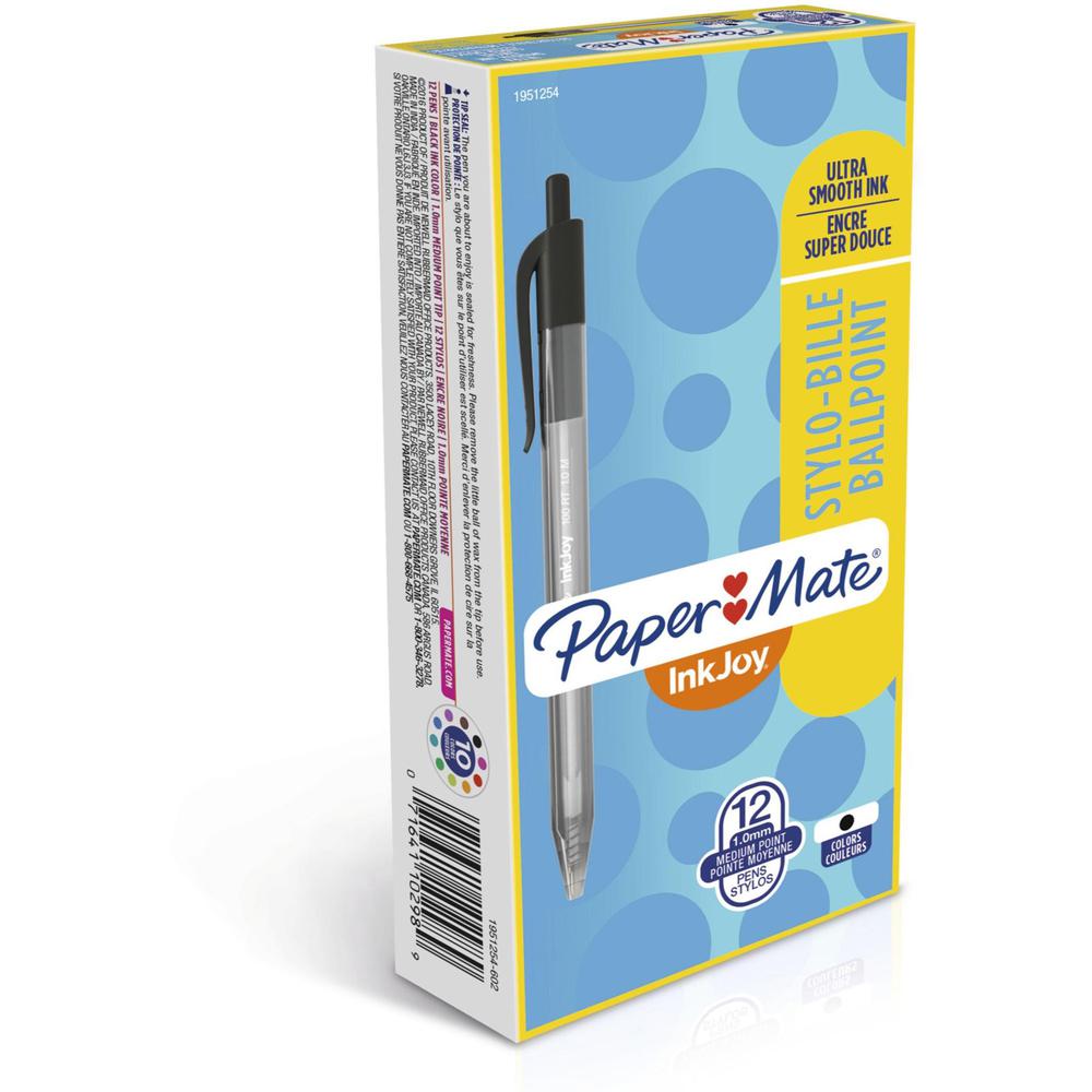 Paper Mate InkJoy 100 RT Pens - Medium Pen Point - 1 mm Pen Point Size - Retractable - Black - Translucent Barrel - 12 / Dozen. Picture 9