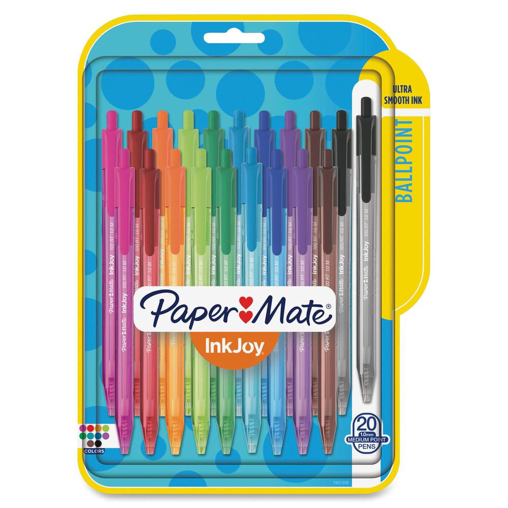 Paper Mate InkJoy 100 RT Pens - Medium Pen Point - 1 mm Pen Point Size - Retractable - Assorted - Translucent Barrel - 20 / Pack. Picture 2