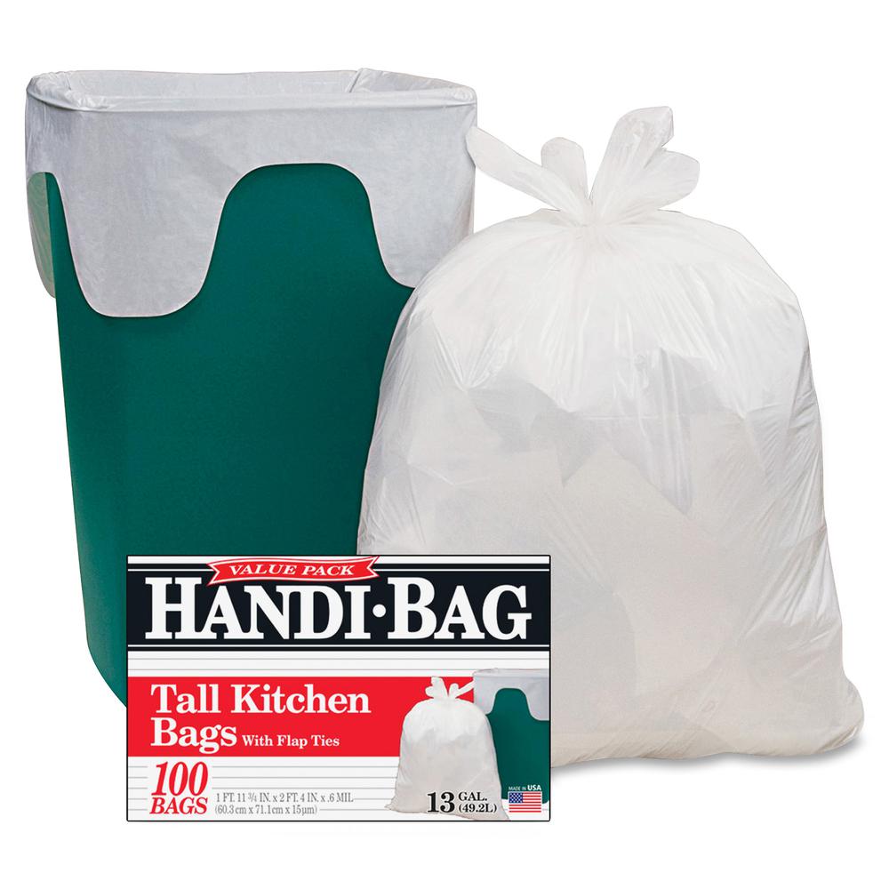 Berry Handi-Bag Flap Tie Tall Kitchen Bags - Small Size - 13 gal Capacity - 23.50" Width x 29" Length - 0.60 mil (15 Micron) Thickness - White - Hexene Resin - 6/Carton - 100 Per Box - Home, Office, K. Picture 2