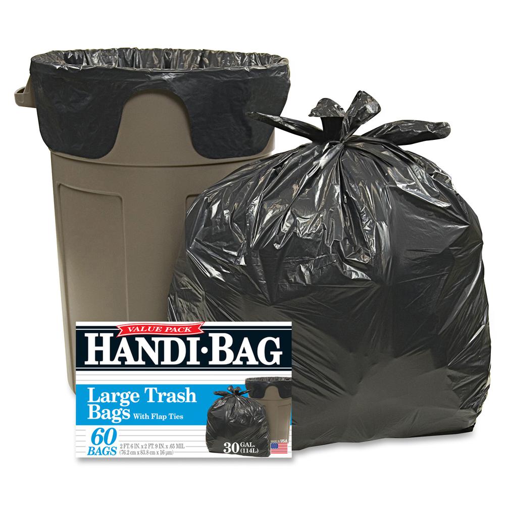 Berry Handi-Bag Wastebasket Bags - Medium Size - 30 gal Capacity - 29" Width x 36" Length - 0.70 mil (18 Micron) Thickness - Black - Hexene Resin - 6/Carton - 60 Per Box - Home, Office. Picture 2