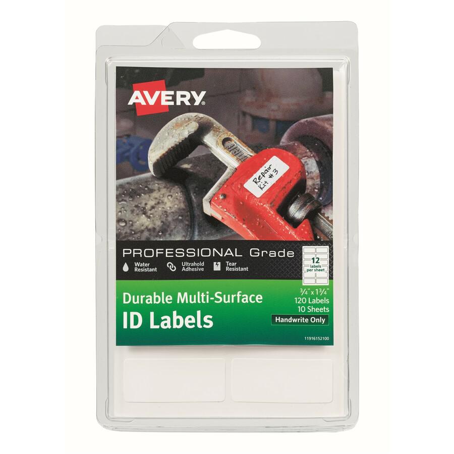 Avery&reg; ID Labels - Permanent Adhesive - Rectangle - White - Film - 12 / Sheet - 10 Total Sheets - 120 Total Label(s) - 3 - Water Resistant. Picture 4