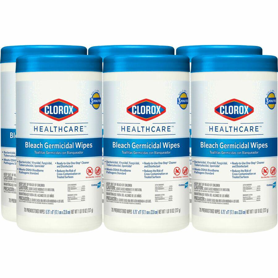 Clorox Healthcare Bleach Germicidal Wipes - Ready-To-Use Wipe6.75" Width x 9" Length - 70 / Canister - 6 / Carton - White. Picture 5