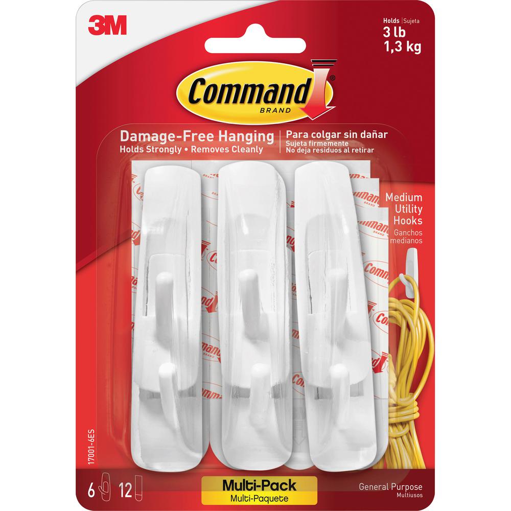 Command Medium Utility Hooks with Adhesive Strips - 3 lb (1.36 kg) Capacity - for Paint, Wood, Tile - White - 6 / Pack. Picture 6