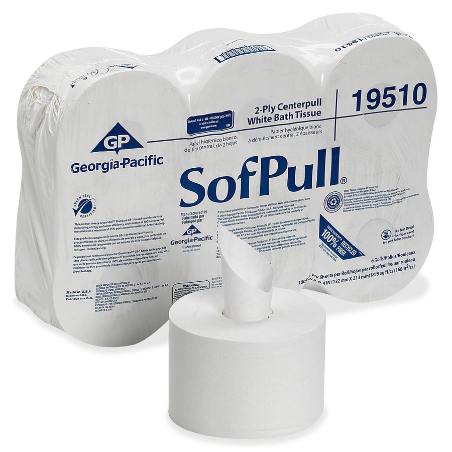 SofPull Centerpull High-Capacity Toilet Paper - 2 Ply - 5.25" x 8.40" - 1000 Sheets/Roll - 8.10" Roll Diameter - White - 6 / Carton. Picture 3
