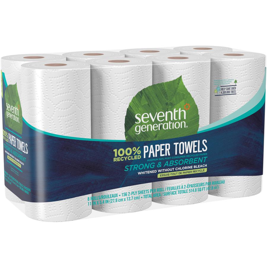 Seventh Generation 100% Recycled Paper Towels - 2 Ply - 156 Sheets/Roll - White - Paper - Absorbent, Chlorine-free, Chemical-free, Dye-free, Fragrance-free - 8 Per Pack - 4 / Carton. Picture 6