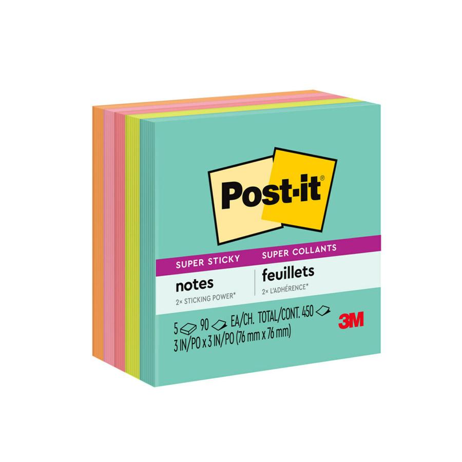 Post-it&reg; Super Sticky Notes - Supernova Neons Color Collection - 3" x 3" - Square - 90 Sheets per Pad - Aqua Splash, Acid Lime, Guava, Tropical Pink, Iris Infusion - Paper - Recyclable, Reposition. Picture 5