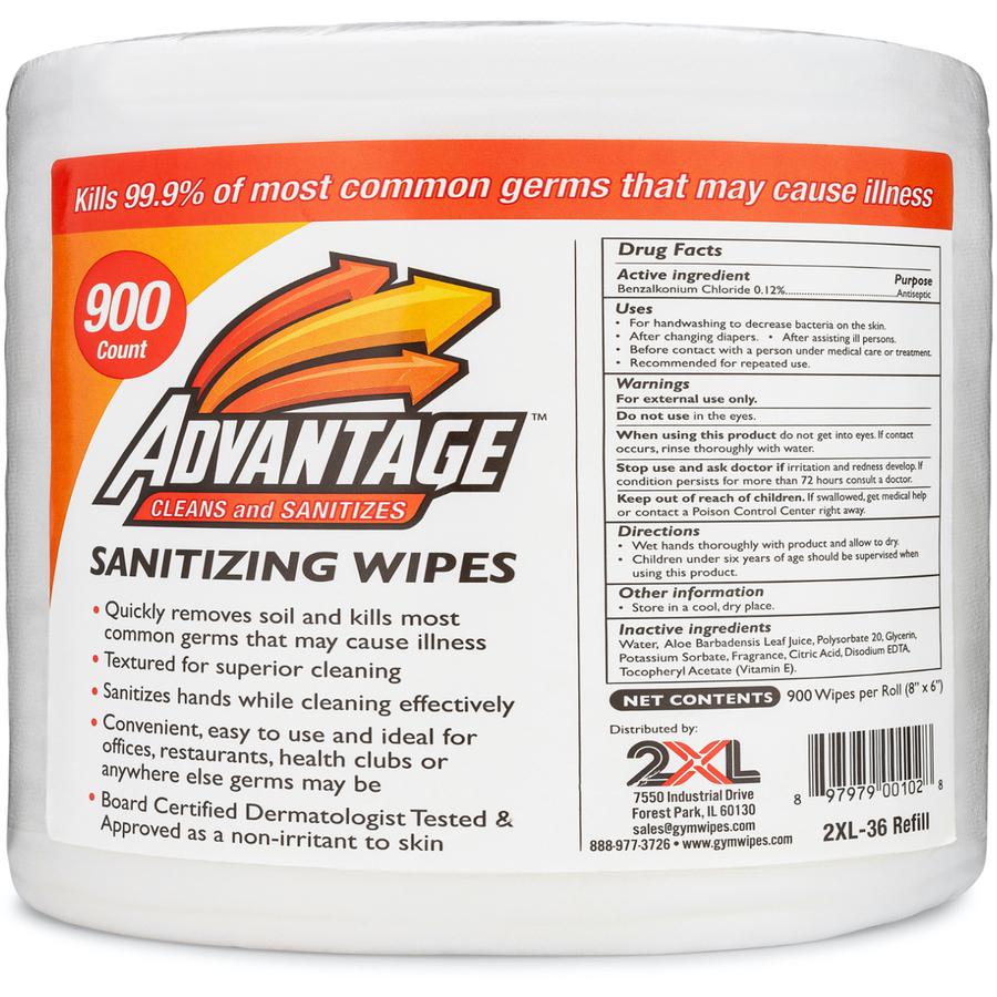 2XL Advantage Sanitizing Wipes - 6" x 8" - White - Alcohol-free - For Health Club - 900 Per Bucket - 1 / Roll. Picture 2