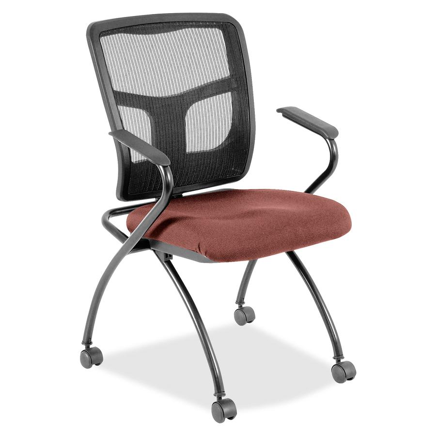 Lorell Ergomesh Nesting Chairs with Arms - Dillon Cordovan Antimicrobial Vinyl Seat - Black Mesh Back - Gray Powder Coated Metal Frame - Four-legged Base - Armrest - 2 / Carton. Picture 3