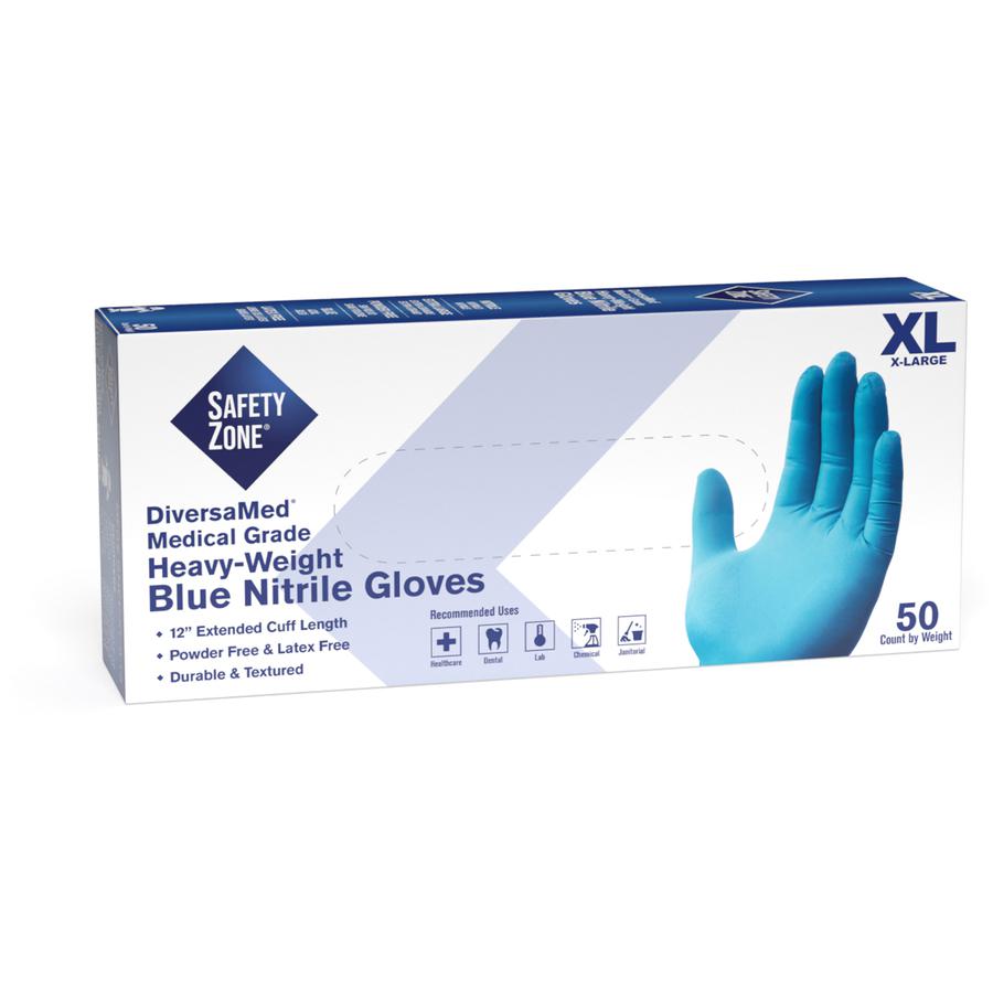 Safety Zone 12" Powder Free Blue Nitrile Gloves - X-Large Size - Blue - Comfortable, Allergen-free, Silicone-free, Latex-free, Textured - For Cleaning, Dishwashing, Medical, Food, Janitorial Use, Pain. Picture 2