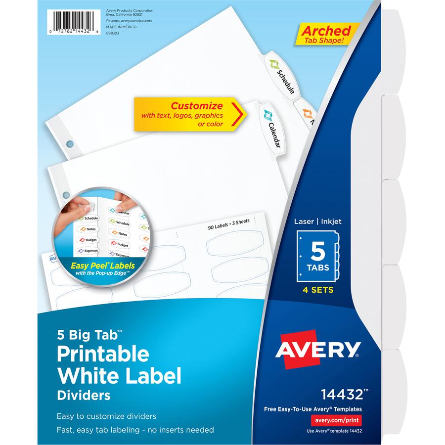 Avery&reg; Big Tab Printable Label Dividers, Easy Peel Labels, 5 Tabs - 20 x Divider(s) - 5 - 5 Tab(s)/Set - 8.5" Divider Width x 11" Divider Length - 3 Hole Punched - White Paper Divider - White Pape. Picture 3