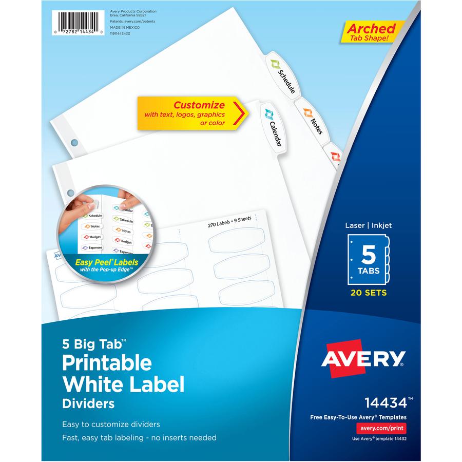 Avery&reg; Big Tab Printable White Label Dividers - 100 x Divider(s) - 5 - 5 Tab(s)/Set - 8.5" Divider Width x 11" Divider Length - 3 Hole Punched - White Paper Divider - White Paper Tab(s) - Recycled. Picture 5