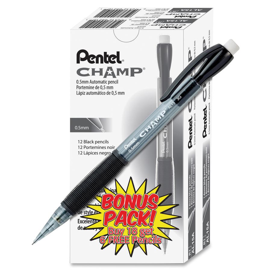 Pentel Champ Mechanical Pencils - HB Lead - 0.5 mm Lead Diameter - Refillable - Black Lead - Black Barrel - 24 / Pack. Picture 2