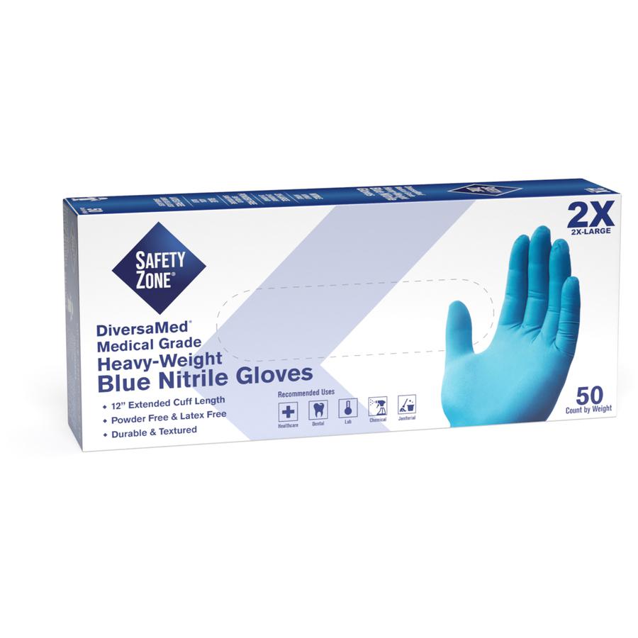 Safety Zone 12" Powder Free Blue Nitrile Gloves - XXL Size - Blue - Comfortable, Allergen-free, Silicone-free, Latex-free, Textured, DEHP-free - For Cleaning, Dishwashing, Medical, Food, Janitorial Us. Picture 2