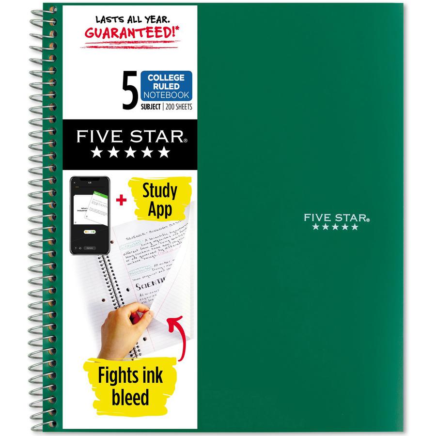 Five Star Wirebound College Rule 5 - subject Notebook - Letter - 200 Sheets - Wire Bound - College Ruled - Letter - 8 1/2" x 11" - Green Cover - 1 Each. Picture 2
