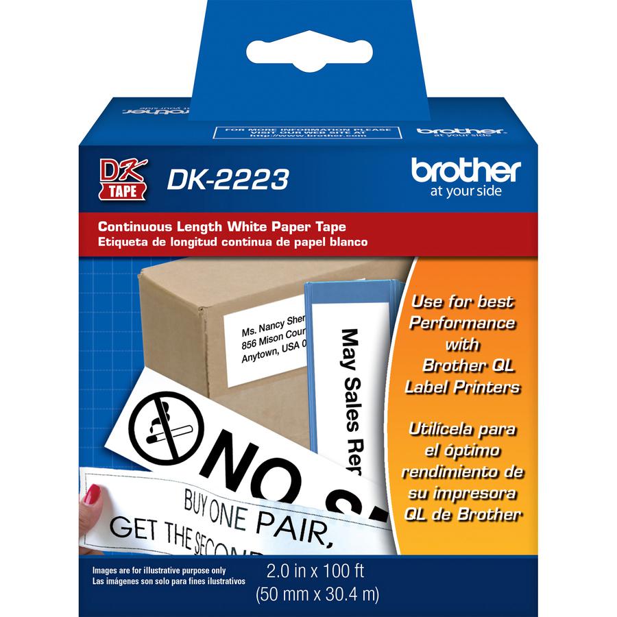 Brother DK2223 - White Continuous Length Paper Tape - Permanent Adhesive - 2" Width x 100 ft Length - White - Paper. Picture 2
