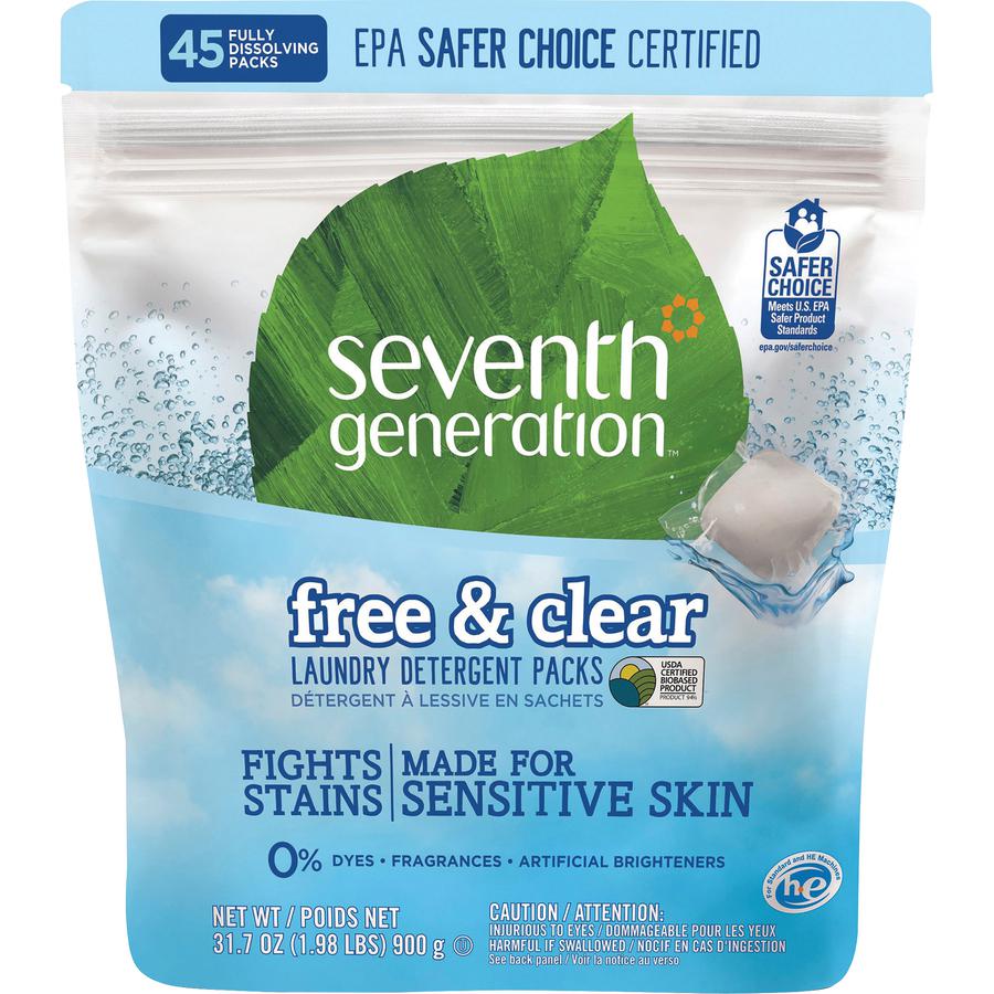 Seventh Generation Laundry Detergent - For Laundry - Free & Clear Scent - 45 / Packet - 1 / Pack - Non-toxic, Hypoallergenic, Non-irritating, Cruelty-free, Bio-based, Unscented, Gluten-free - White. Picture 2