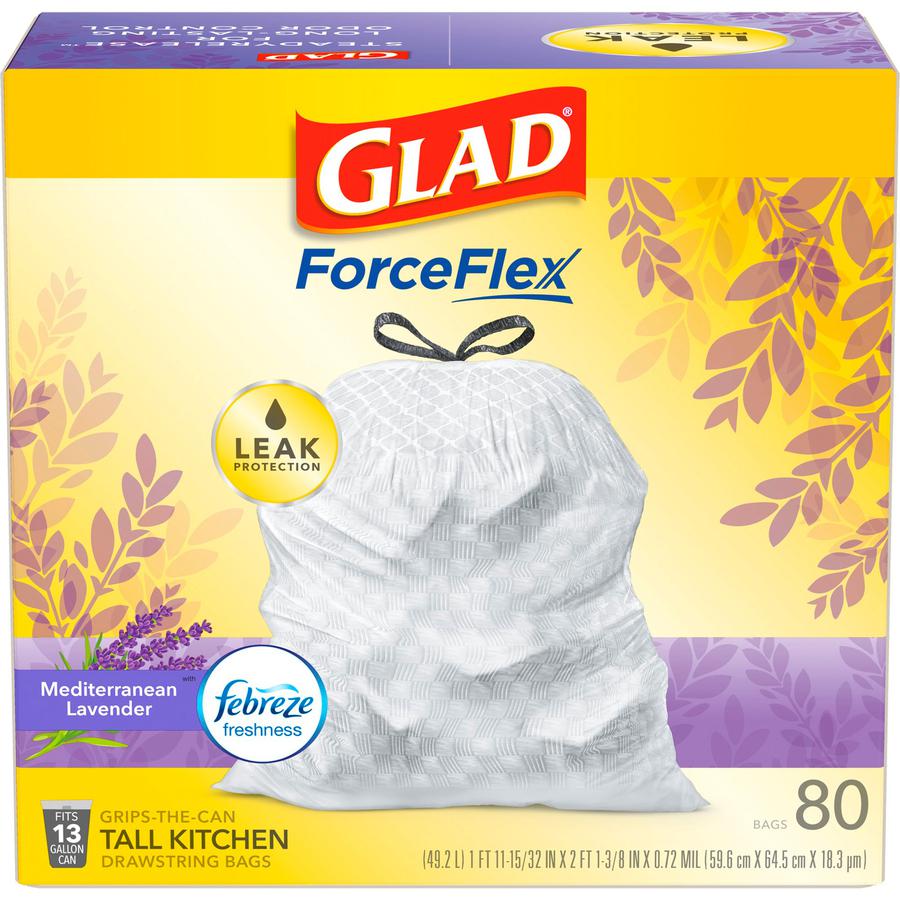 Glad ForceFlex Tall Kitchen Drawstring Trash Bags - Mediterranean Lavender with Febreze Freshness - 13 gal Capacity - 0.78 mil (20 Micron) Thickness - White - 80/Box - 80 Per Box - Garbage, Office, Ki. Picture 14