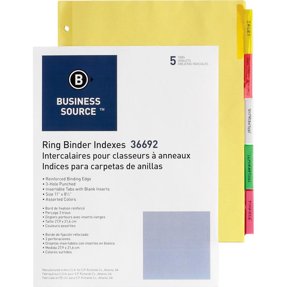 Business Source Insertable Tab Ring Binder Indexes - 5 Blank Tab(s)2" Tab Width - 8.5" Divider Width x 11" Divider Length - Letter - 3 Hole Punched - Multicolor Tab(s) - 50 / Box. Picture 2