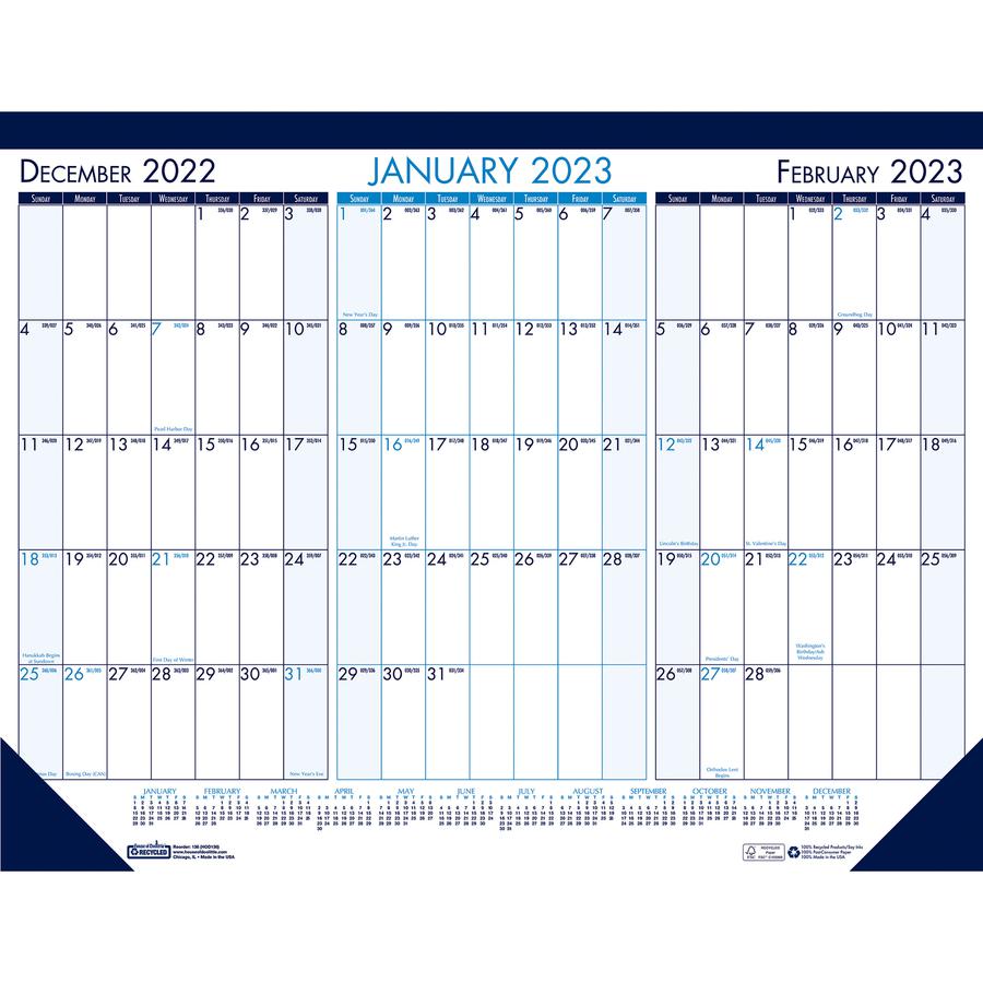 House of Doolittle 3-month View Monthly Desk Pad Calendar - Julian Dates - Monthly - 12 Month - January - December - 3 Month Single Page Layout - 17" x 22" Sheet Size - Desk Pad - Black, Blue - Planni. Picture 2