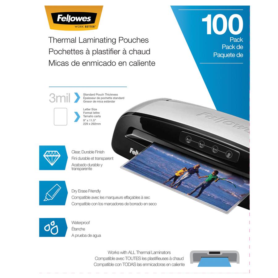 Fellowes Thermal Laminating Pouches - Letter, 3 mil, 100 pack - Sheet Size Supported: Letter 8.50" Width x 11" Length - Laminating Pouch/Sheet Size: 9" Width x 11.50" Length x 3 mil Thickness - Glossy. Picture 5