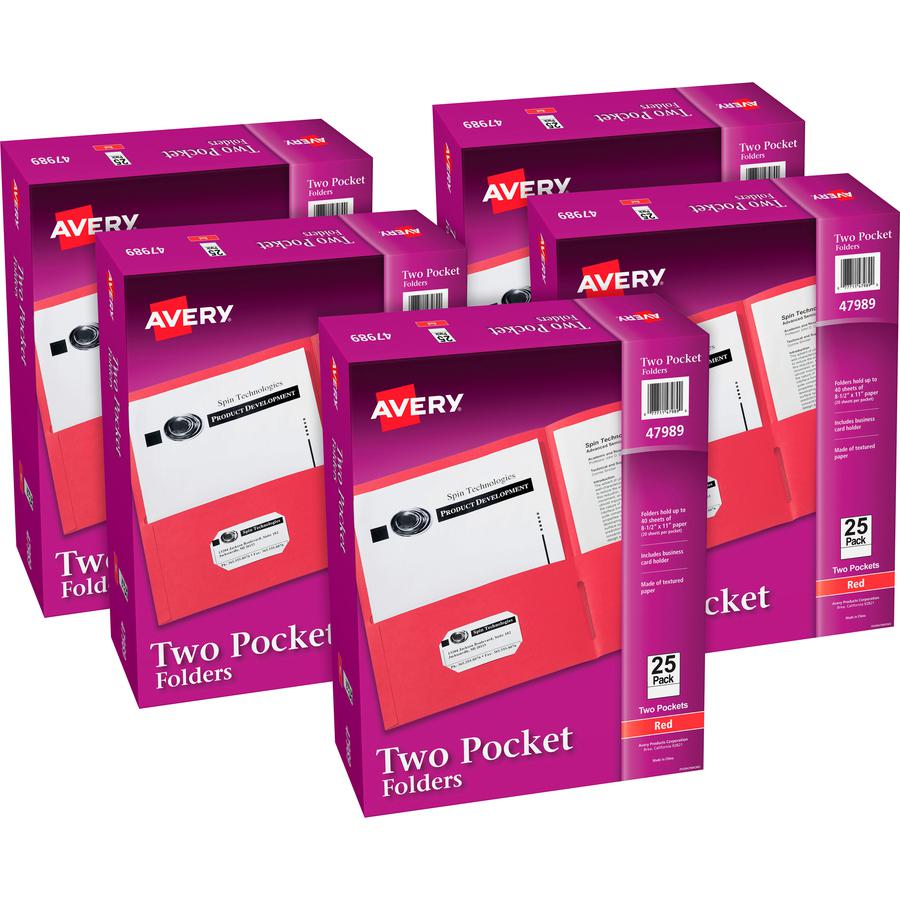 Avery&reg; Letter Pocket Folder - 8 1/2" x 11" - 40 Sheet Capacity - 2 Internal Pocket(s) - Embossed Paper - Red - 125 / Carton. Picture 3