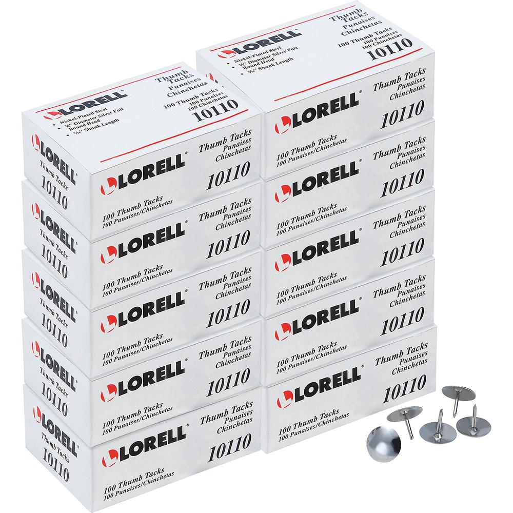 Lorell 5/16" Long Thumb Tacks - 0.31" Shank - 0.38" Head - for Schedule, Wall - 10 / Carton - Silver - Nickel Plated Steel. Picture 2