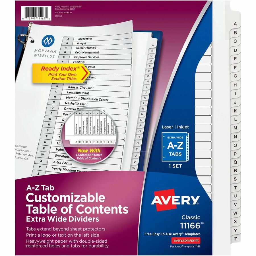 Avery&reg; Extra Wide A-Z Tabs Ready Index Dividers - 26 x Divider(s) - A-Z - 26 Tab(s)/Set - 9.3" Divider Width x 11" Divider Length - 3 Hole Punched - White Paper Divider - Black Paper, White Tab(s). Picture 11