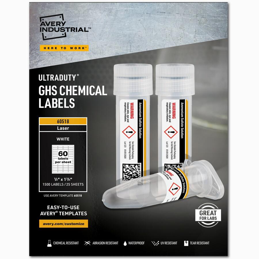 Avery&reg; UltraDuty Chemical Label - Waterproof - 1/2" Width x 1 3/4" Length - Permanent Adhesive - Rectangle - Laser - White - Film - 60 / Sheet - 25 Total Sheets - 1500 Total Label(s) - 5 - Print-t. Picture 3