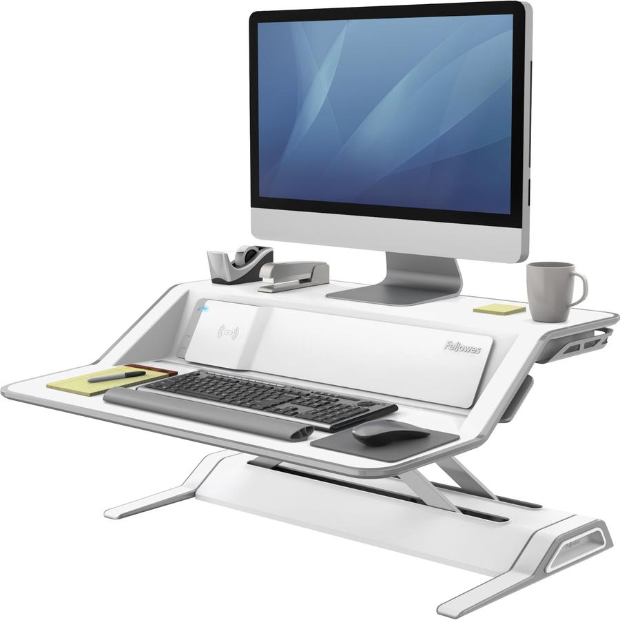 Fellowes Lotus&trade; DX Sit-Stand Workstation - White - 35 lb Load Capacity - 5.5" Height x 32.8" Width x 24.3" Depth - White. Picture 3