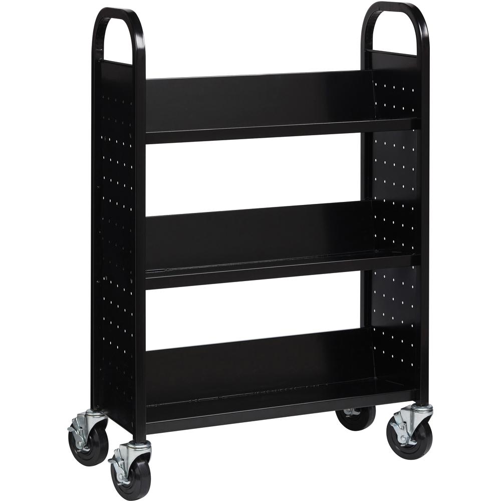 Lorell Single-sided Book Cart - 3 Shelf - Round Handle - 5" Caster Size - Steel - x 32" Width x 14" Depth x 46" Height - Black - 1 Each. Picture 3